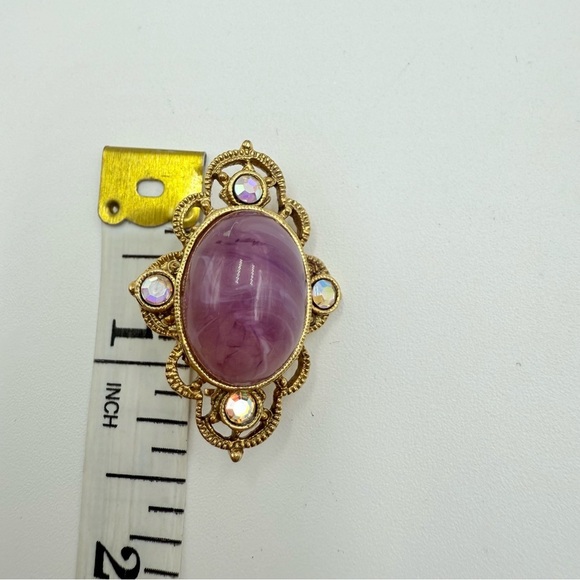 Vintage 1920s Pink Cabochon Pastel Swirl Acrylic AB Rhinestones Gold Tone Brooch - Picture 6 of 6